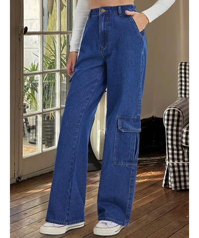 Women Cargo Jeans High Waisted Baggy Wide Leg Straight Jeans for Women Flap Pocket Denim Pants Dark Blue $22.50 Jeans