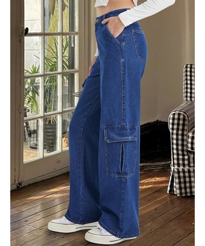 Women Cargo Jeans High Waisted Baggy Wide Leg Straight Jeans for Women Flap Pocket Denim Pants Dark Blue $22.50 Jeans