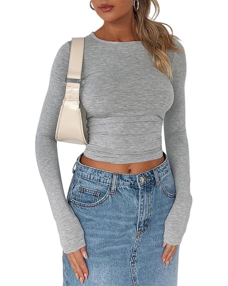 Women's Basic Long Sleeve Going Out Tops Tight Crop Top Solid Slim Fit Shirts Fall Trendy Tees Streetwear Fitted Light Gray $...