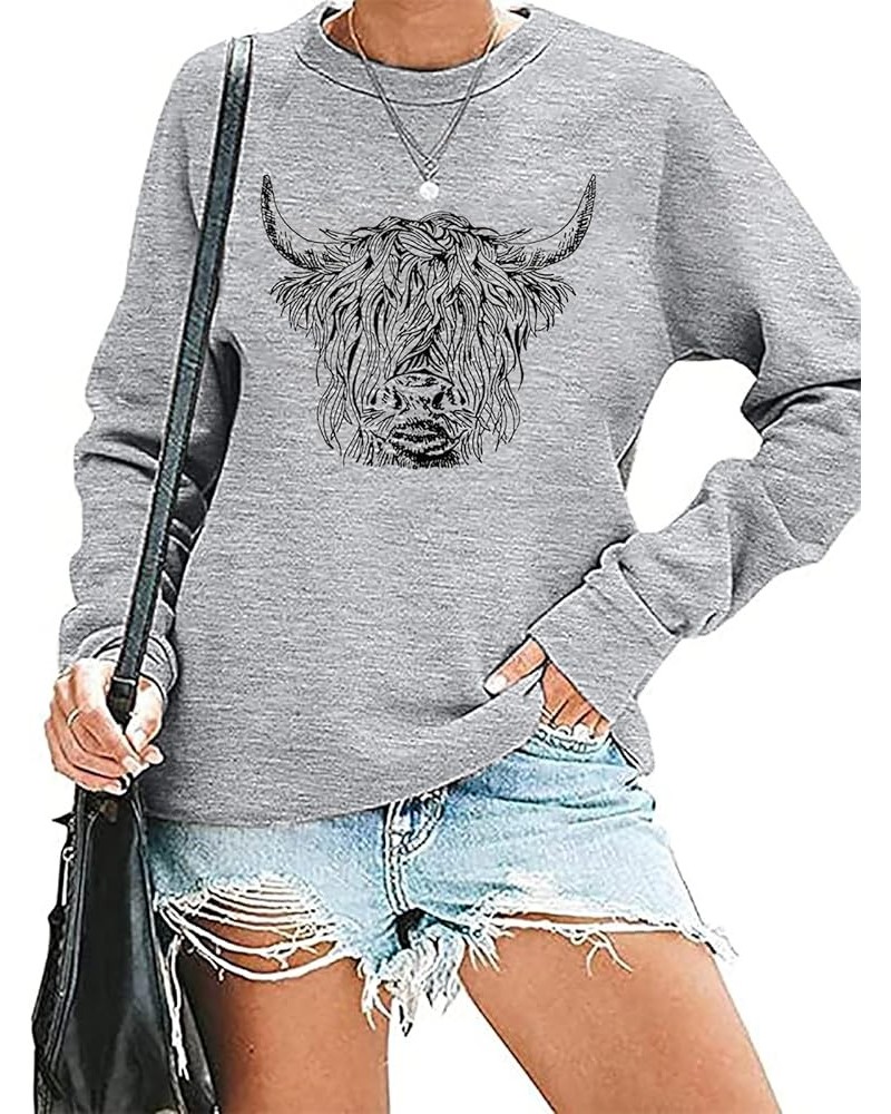 Women Cow Sweatshirt Highland Cow Print Hoodie Cowgirl Pullover Farm Life Lightweight Long Sleeve Tops Light Grey-01m $13.10 ...