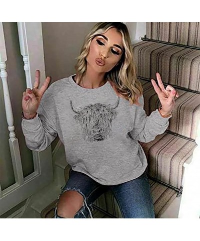 Women Cow Sweatshirt Highland Cow Print Hoodie Cowgirl Pullover Farm Life Lightweight Long Sleeve Tops Light Grey-01m $13.10 ...