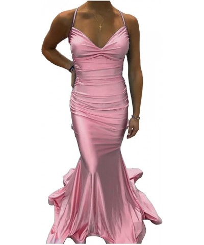 Elastic Satin Mermaid Prom Dresses Long for Women Fitted V-Neck Formal Evening Gowns for Wedding Guest Cross Back Pink $37.95...