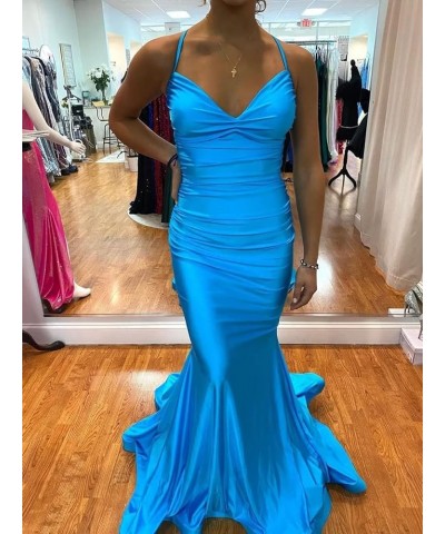 Elastic Satin Mermaid Prom Dresses Long for Women Fitted V-Neck Formal Evening Gowns for Wedding Guest Cross Back Pink $37.95...