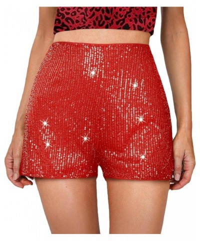 High Waisted Sequin Shorts for Women Elastic Straight Leg Sparkly Glitter Party Shorts Red $13.74 Shorts