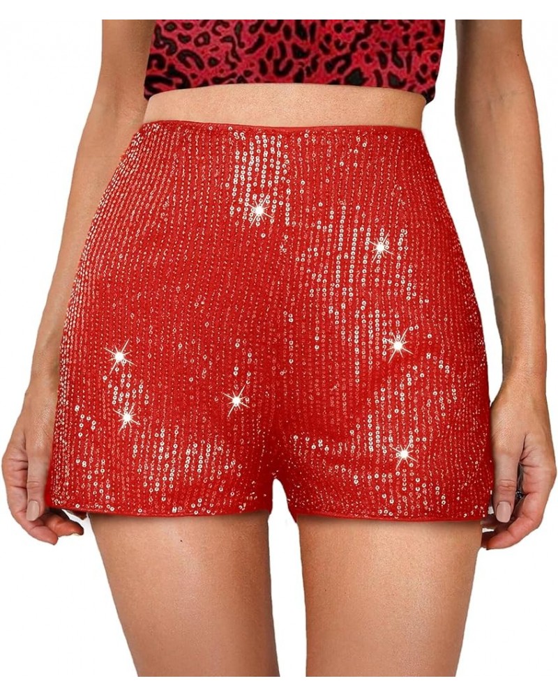 High Waisted Sequin Shorts for Women Elastic Straight Leg Sparkly Glitter Party Shorts Red $13.74 Shorts