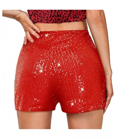 High Waisted Sequin Shorts for Women Elastic Straight Leg Sparkly Glitter Party Shorts Red $13.74 Shorts