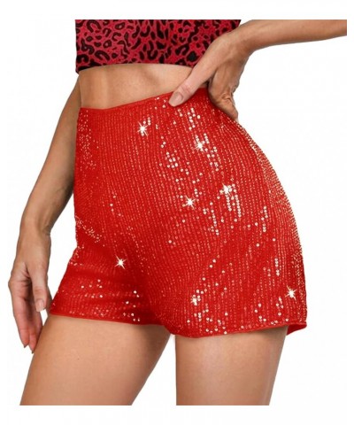 High Waisted Sequin Shorts for Women Elastic Straight Leg Sparkly Glitter Party Shorts Red $13.74 Shorts