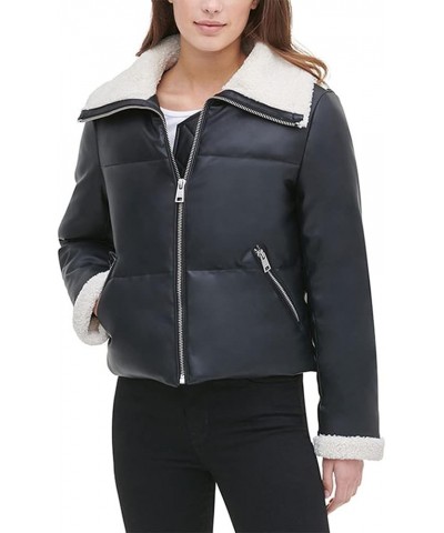 Women's Fur Trim Breanna Puffer Jacket Black Faux Leather $36.69 Coats