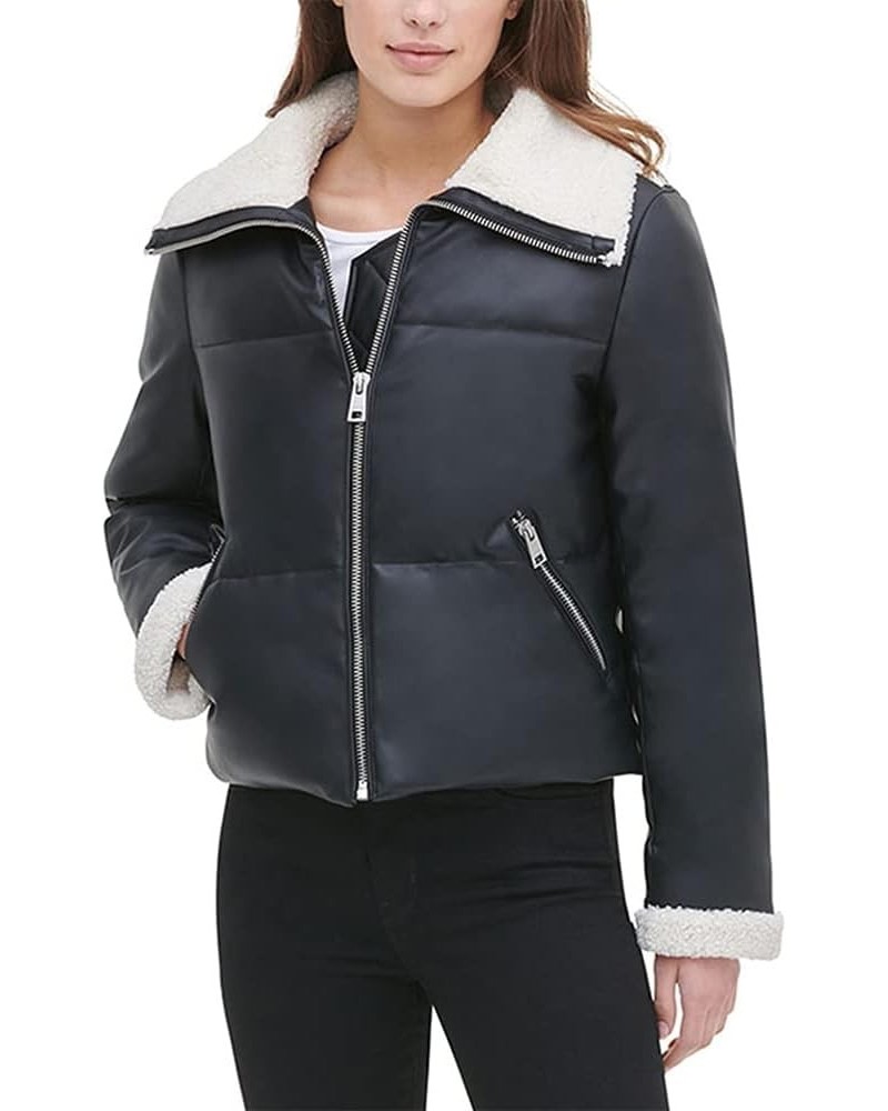 Women's Fur Trim Breanna Puffer Jacket Black Faux Leather $36.69 Coats