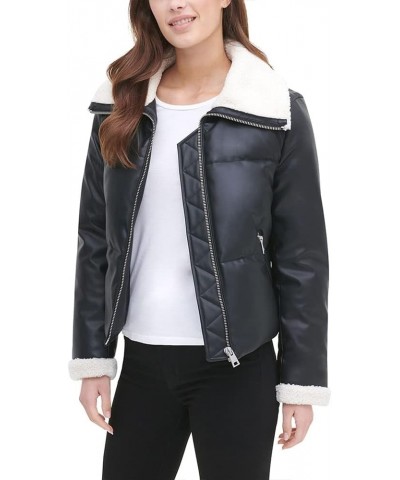 Women's Fur Trim Breanna Puffer Jacket Black Faux Leather $36.69 Coats