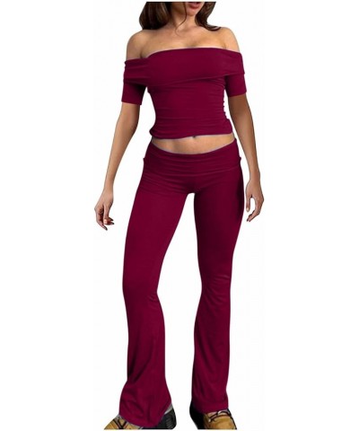 Womens Matching Sport Brunch Tops Pants Sets for Women Track Pajama Solid 2 Piece Summer Fall Tops Sets 2024 S-713 Burgundy W...