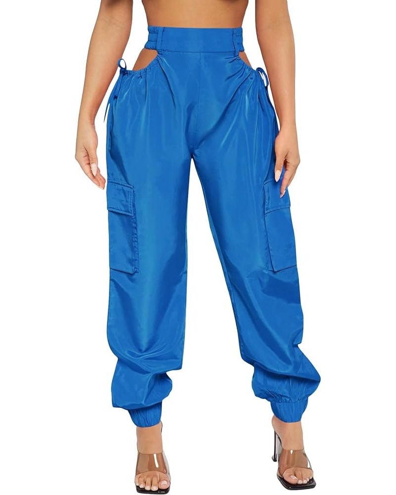 Women's Cut Out High Waist Drawstring Side Jogger Cargo Pants with Pockets Royal Blue $18.00 Activewear