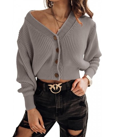 Women's Long Sleeve V-Neck Button Down Rib Knit Cropped Cardigan Sweater Dark Khaki $16.33 Sweaters