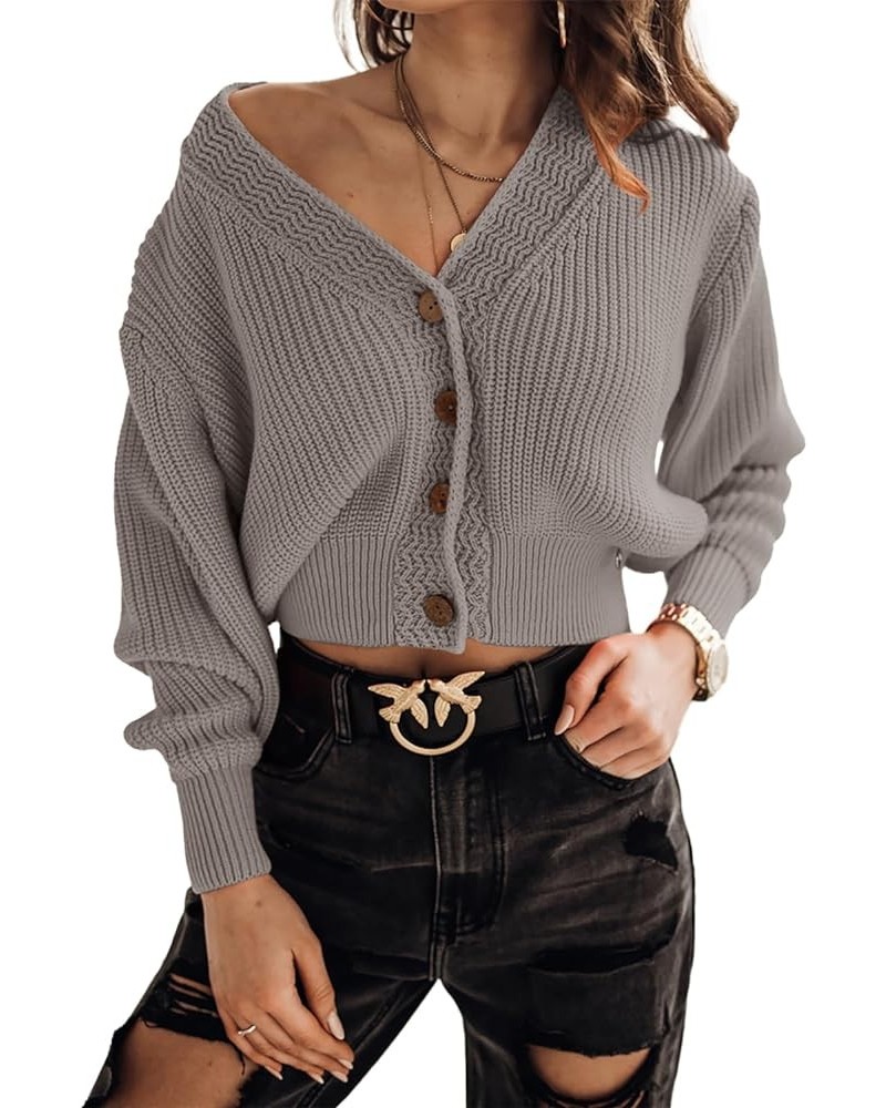 Women's Long Sleeve V-Neck Button Down Rib Knit Cropped Cardigan Sweater Dark Khaki $16.33 Sweaters