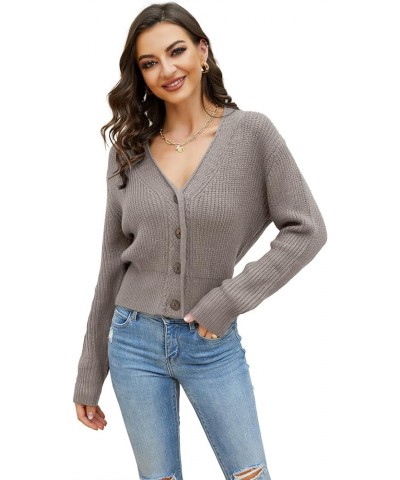 Women's Long Sleeve V-Neck Button Down Rib Knit Cropped Cardigan Sweater Dark Khaki $16.33 Sweaters