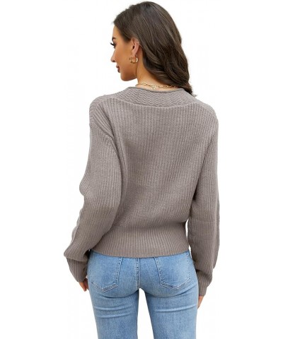 Women's Long Sleeve V-Neck Button Down Rib Knit Cropped Cardigan Sweater Dark Khaki $16.33 Sweaters