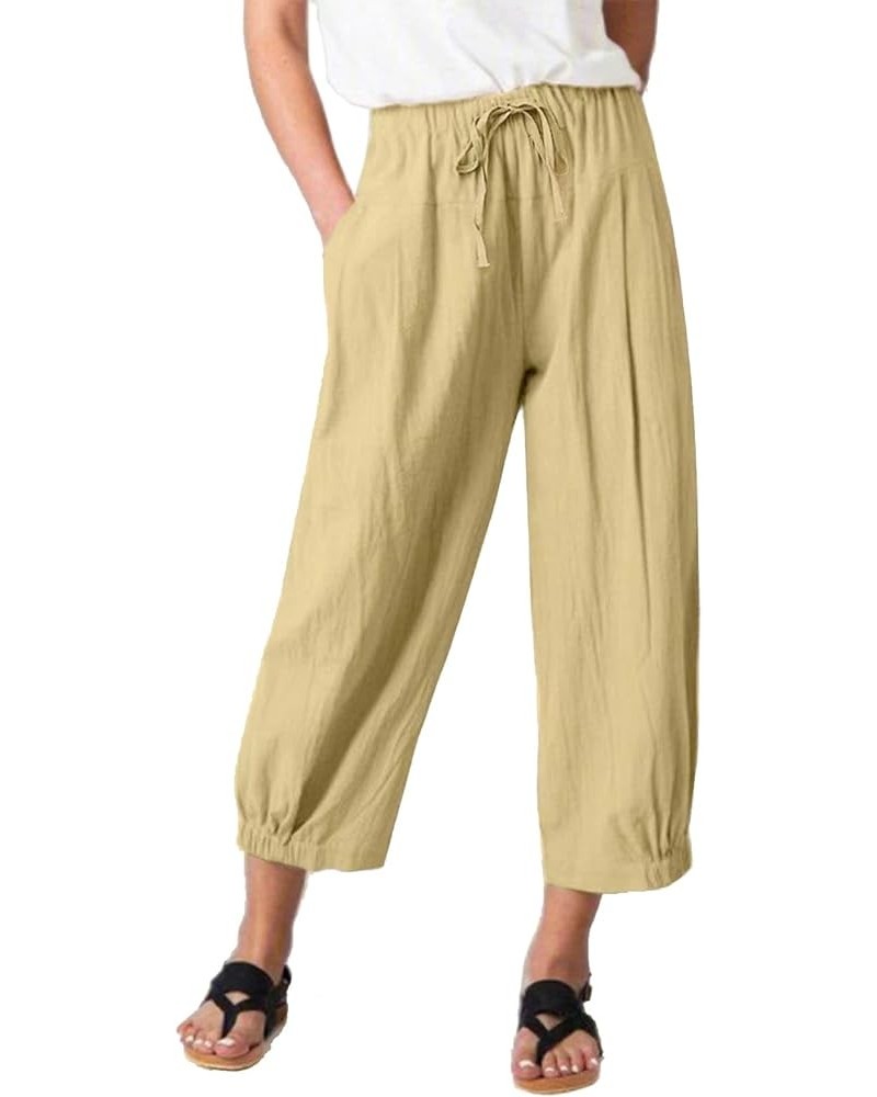 Women High Waist Casual Wide Leg Palazzo Pants Linen Drawstring Cropped Pants Trousers Regular Size Khaki $10.82 Pants