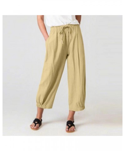 Women High Waist Casual Wide Leg Palazzo Pants Linen Drawstring Cropped Pants Trousers Regular Size Khaki $10.82 Pants