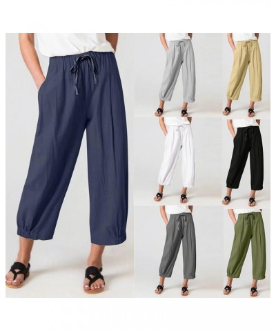 Women High Waist Casual Wide Leg Palazzo Pants Linen Drawstring Cropped Pants Trousers Regular Size Khaki $10.82 Pants