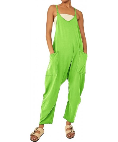 Women's Loose V Neck Sleeveless Spaghetti Strap Harem Pants Rompers Overalls Jumpsuits Jumpers with Pockets Fluorescence Gree...