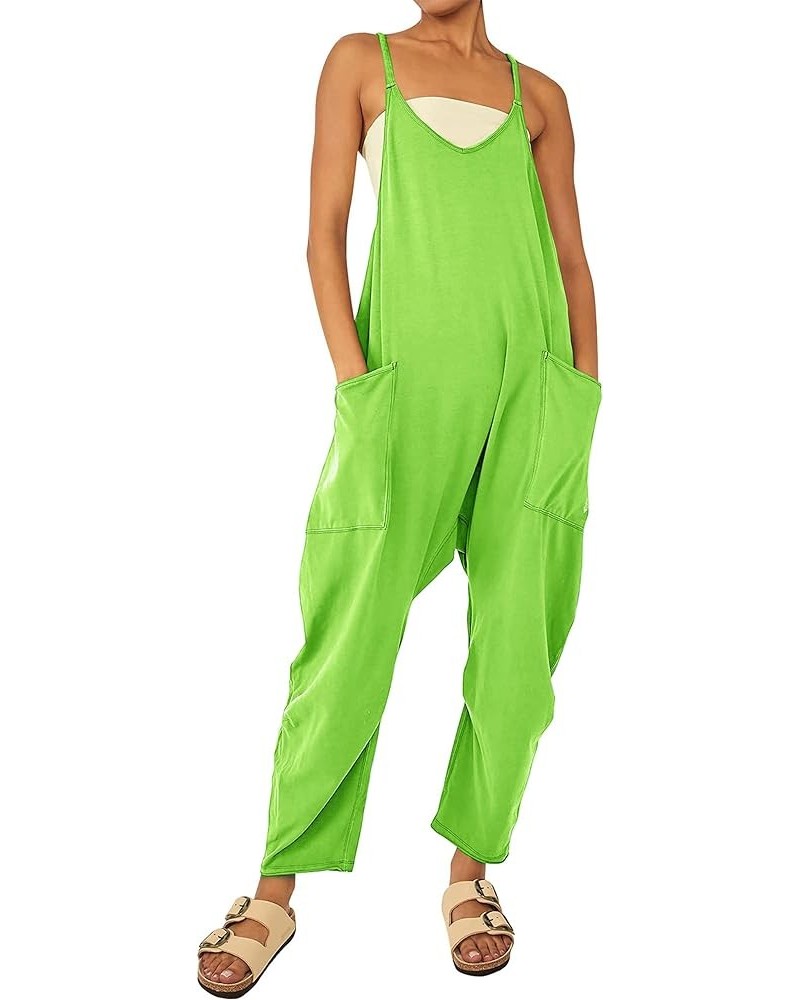 Women's Loose V Neck Sleeveless Spaghetti Strap Harem Pants Rompers Overalls Jumpsuits Jumpers with Pockets Fluorescence Gree...