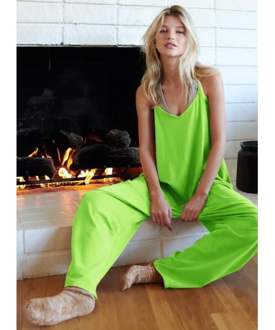 Women's Loose V Neck Sleeveless Spaghetti Strap Harem Pants Rompers Overalls Jumpsuits Jumpers with Pockets Fluorescence Gree...