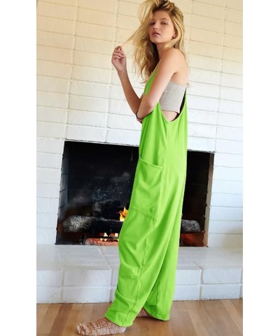 Women's Loose V Neck Sleeveless Spaghetti Strap Harem Pants Rompers Overalls Jumpsuits Jumpers with Pockets Fluorescence Gree...