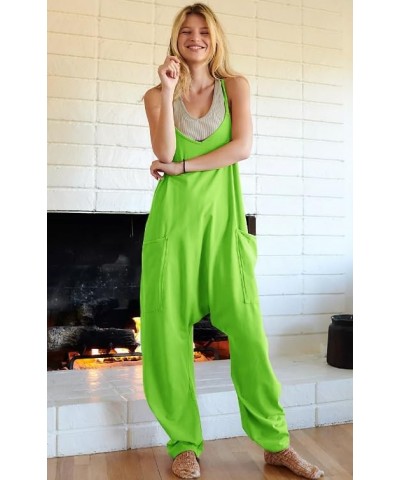 Women's Loose V Neck Sleeveless Spaghetti Strap Harem Pants Rompers Overalls Jumpsuits Jumpers with Pockets Fluorescence Gree...