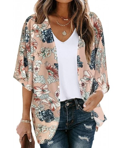 Kimono Cardigans for Women Summer Floral Print Puff Sleeve Chiffon Tops Lightweight Loose Cover Up Casual Blouse Tops 03♛khak...