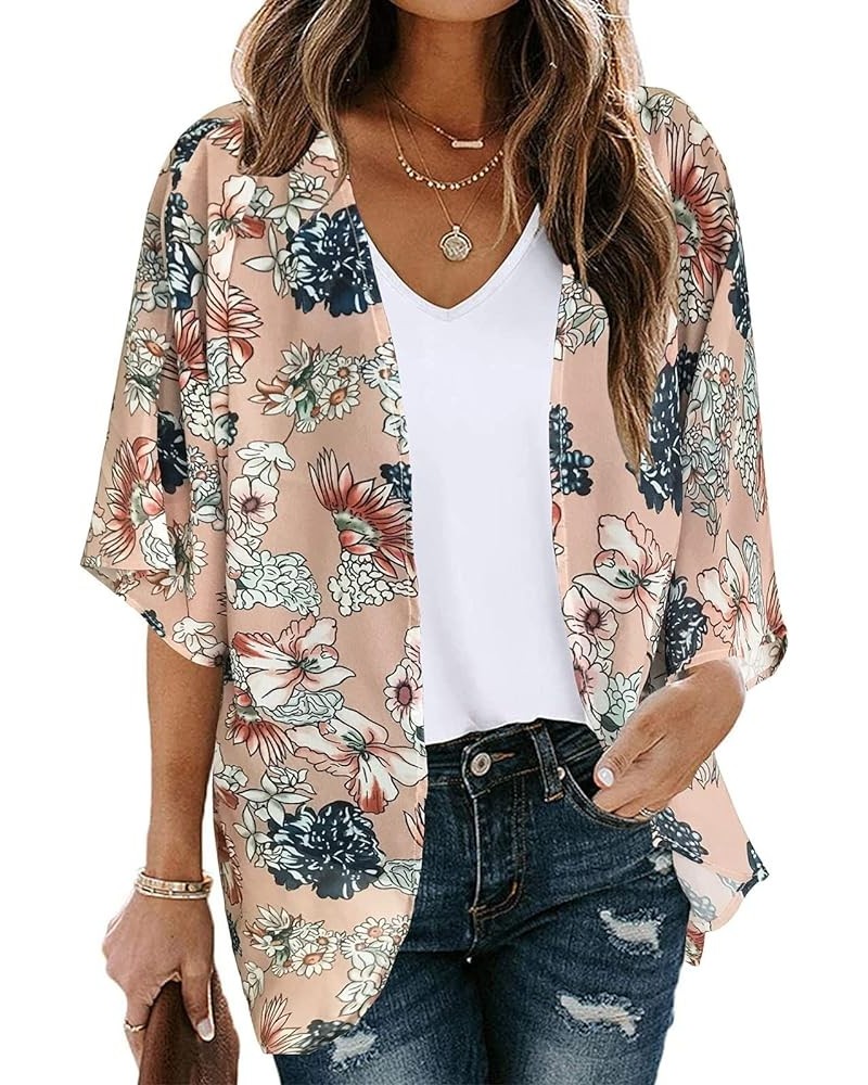 Kimono Cardigans for Women Summer Floral Print Puff Sleeve Chiffon Tops Lightweight Loose Cover Up Casual Blouse Tops 03♛khak...