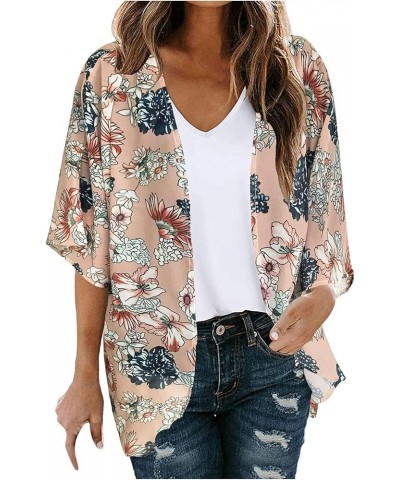 Kimono Cardigans for Women Summer Floral Print Puff Sleeve Chiffon Tops Lightweight Loose Cover Up Casual Blouse Tops 03♛khak...