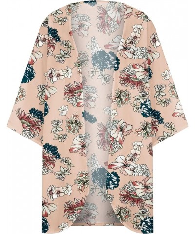 Kimono Cardigans for Women Summer Floral Print Puff Sleeve Chiffon Tops Lightweight Loose Cover Up Casual Blouse Tops 03♛khak...