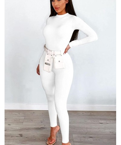 Women's Sexy One Piece Bodycon Jumpsuits Long Sleeve Mock Neck Full Rompers White $18.47 Jumpsuits