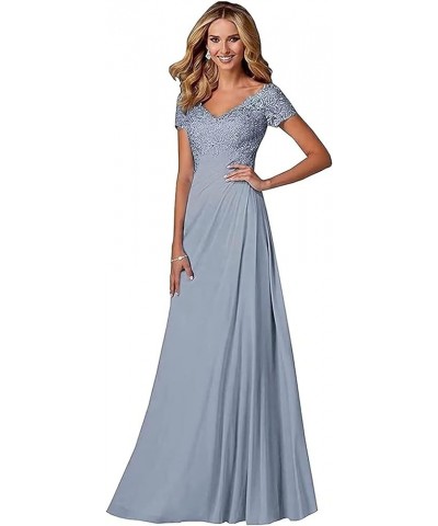 V Neck Appliques Mother of The Bride Dress Long Chiffon Prom Formal Evening Party Dresses for Women with Short Sleeves Dusty ...