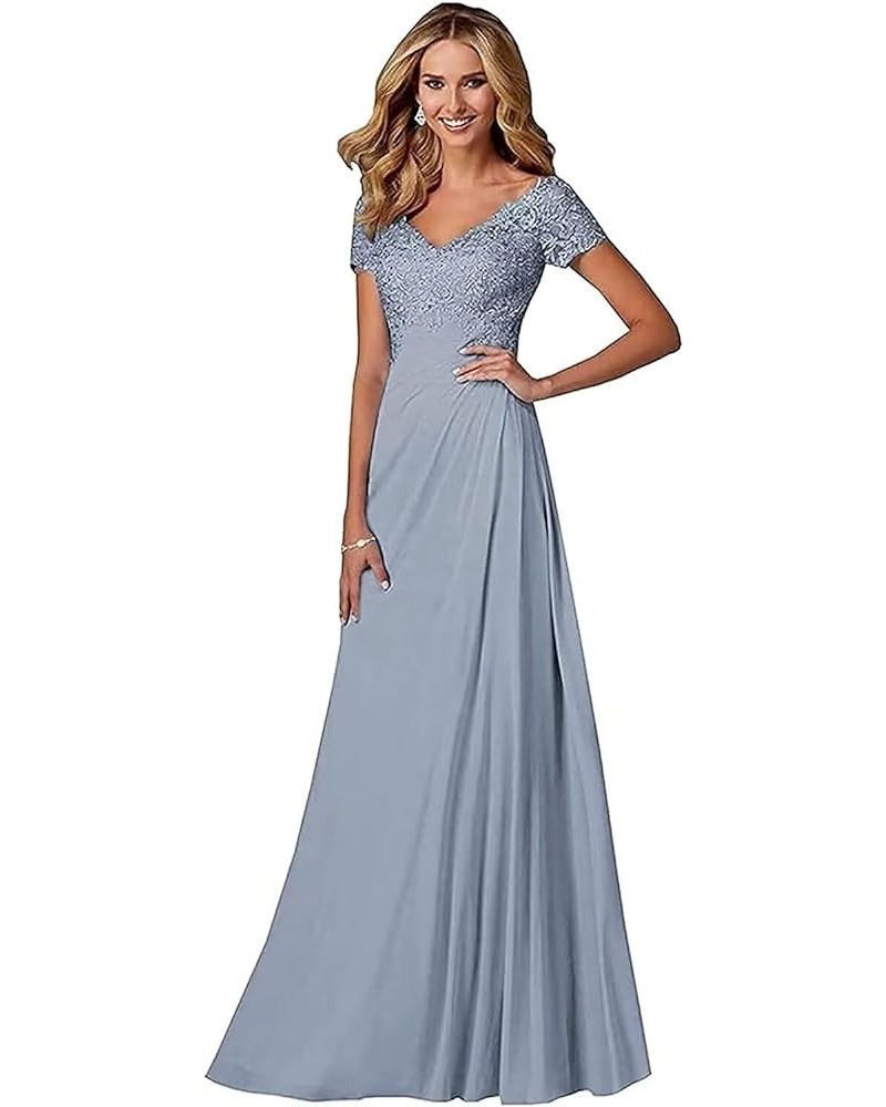 V Neck Appliques Mother of The Bride Dress Long Chiffon Prom Formal Evening Party Dresses for Women with Short Sleeves Dusty ...