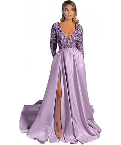 Women's Sparkly Sequin Prom Ball Gown with Pockets Long Sleeve Satin Formal Evening Dress with Slit PD2 Lavender $25.60 Dresses