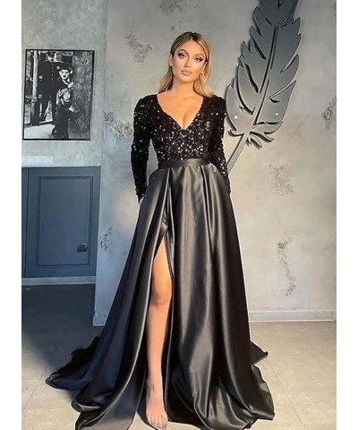 Women's Sparkly Sequin Prom Ball Gown with Pockets Long Sleeve Satin Formal Evening Dress with Slit PD2 Lavender $25.60 Dresses