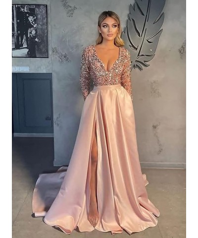 Women's Sparkly Sequin Prom Ball Gown with Pockets Long Sleeve Satin Formal Evening Dress with Slit PD2 Lavender $25.60 Dresses