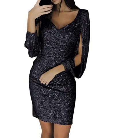 Kangma Sparkly Glitzy Sequin Tassel Long Sleeve Sequin Bodycon Evening Party Cocktail Dresses for Women Black $5.29 Dresses