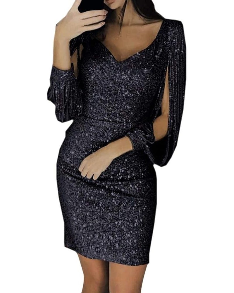 Kangma Sparkly Glitzy Sequin Tassel Long Sleeve Sequin Bodycon Evening Party Cocktail Dresses for Women Black $5.29 Dresses