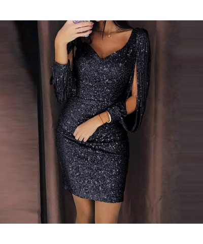 Kangma Sparkly Glitzy Sequin Tassel Long Sleeve Sequin Bodycon Evening Party Cocktail Dresses for Women Black $5.29 Dresses