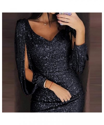 Kangma Sparkly Glitzy Sequin Tassel Long Sleeve Sequin Bodycon Evening Party Cocktail Dresses for Women Black $5.29 Dresses