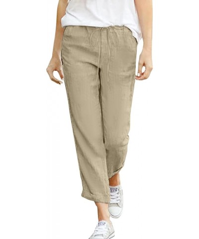 Womens Cotton Linen Pants Casual Straight Fit Drawstring Elastic High Waist Loose Comfy Long Trousers with Pockets Z9-khaki $...