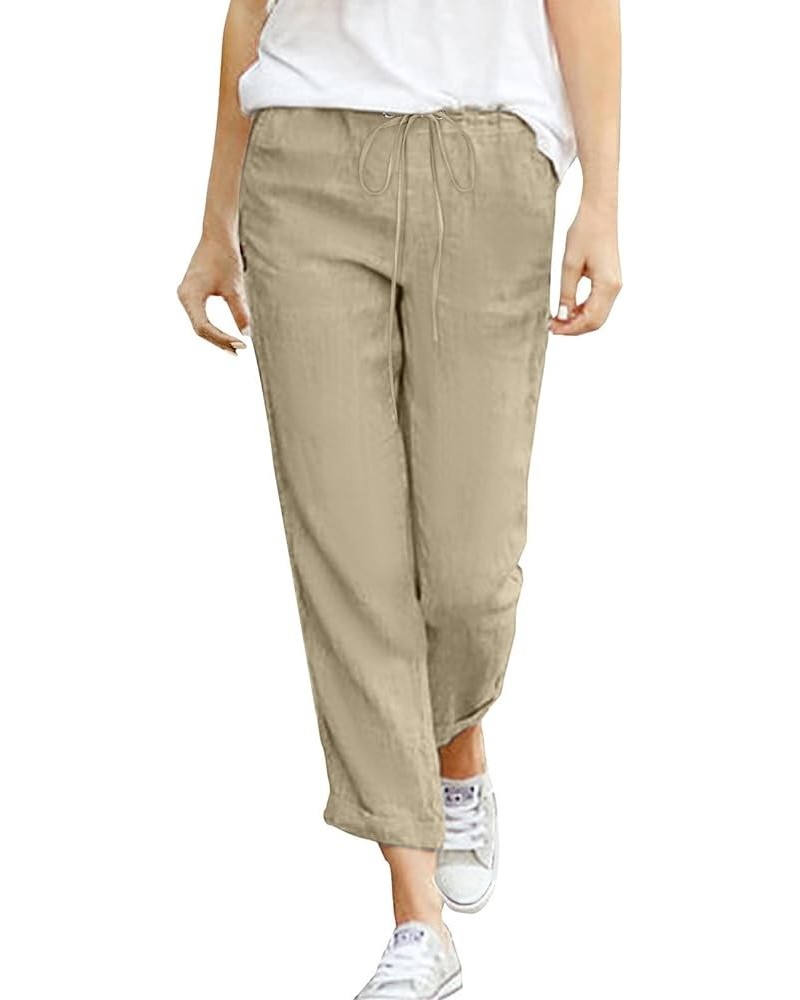 Womens Cotton Linen Pants Casual Straight Fit Drawstring Elastic High Waist Loose Comfy Long Trousers with Pockets Z9-khaki $...