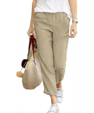 Womens Cotton Linen Pants Casual Straight Fit Drawstring Elastic High Waist Loose Comfy Long Trousers with Pockets Z9-khaki $...