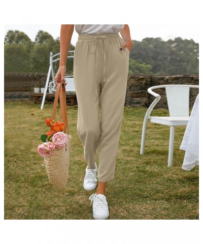 Womens Cotton Linen Pants Casual Straight Fit Drawstring Elastic High Waist Loose Comfy Long Trousers with Pockets Z9-khaki $...