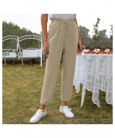 Womens Cotton Linen Pants Casual Straight Fit Drawstring Elastic High Waist Loose Comfy Long Trousers with Pockets Z9-khaki $...