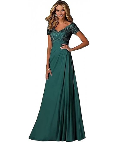 V Neck Appliques Mother of The Bride Dress Long Chiffon Prom Formal Evening Party Dresses for Women with Short Sleeves Dusty ...