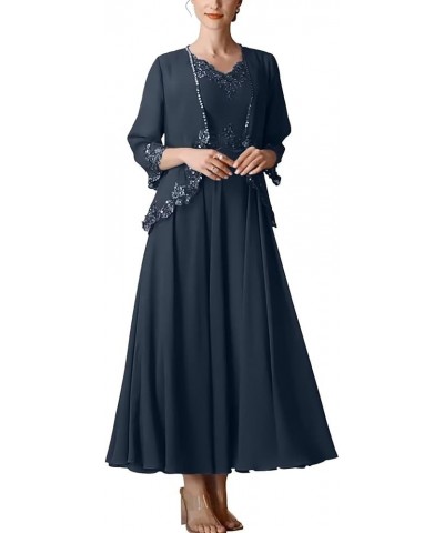 2 Piece Mother of The Bride Dresses with Jacket Chiffon Sequin Appliques Formal Dress for Women Navy Blue $29.11 Dresses