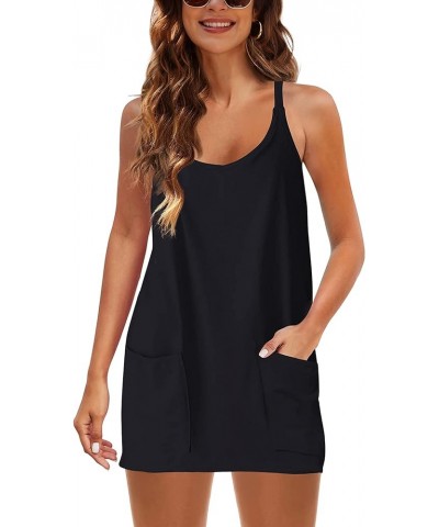 Women Athletic Mini Dresses Built-in Shorts Set Summer Sleeveless Sundress Hot Shot Mini Dress Black $12.79 Dresses